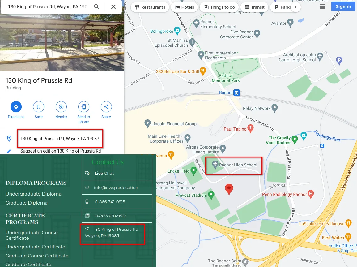 Address provided on the fake university website.