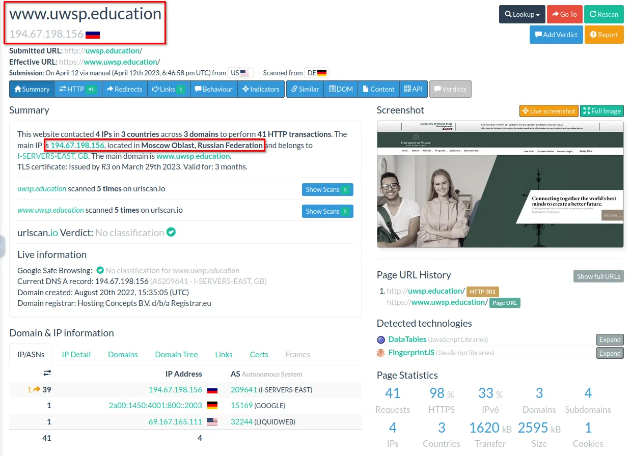URL Scan results showing the website is hosted in Russia.