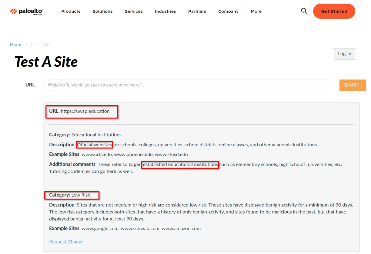 Palo Alto categorizing the scam site as a low risk education based site.
