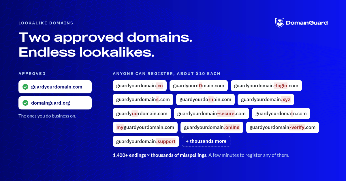 Our two approved domains, and 13 of the thousands of lookalikes anyone can register for about $10 each. All 13 were unregistered when we checked in October 2026.