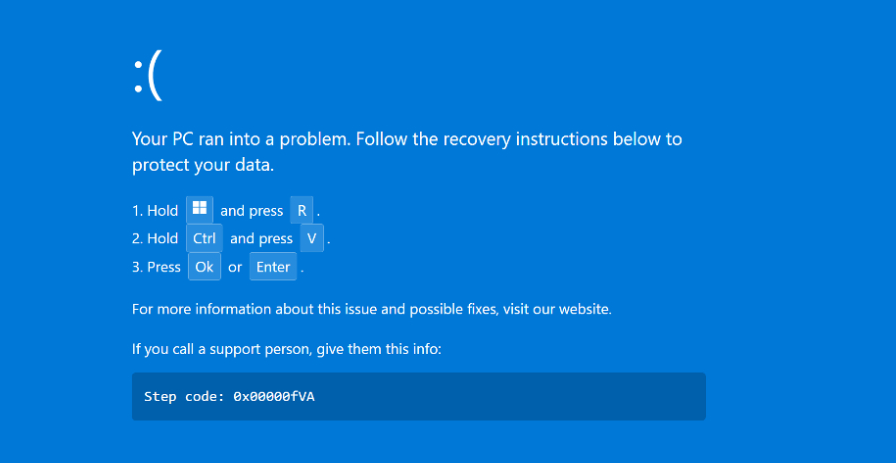 A fake Windows Blue Screen of Death (BSOD) overlay used to trick victims into running malicious commands.