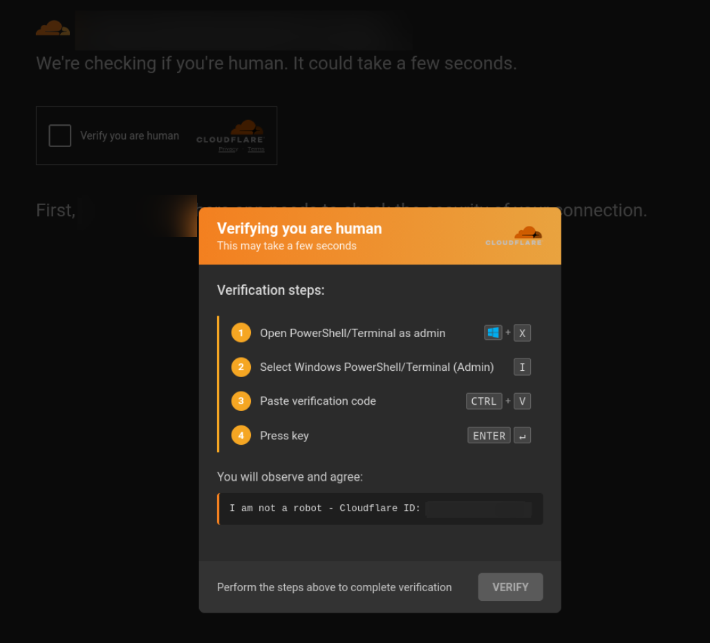 Fake Cloudflare 'Verifying you are human' overlay walking the victim through a Win+X, I, Ctrl+V, Enter sequence, layered over a Cloudflare impersonation.
