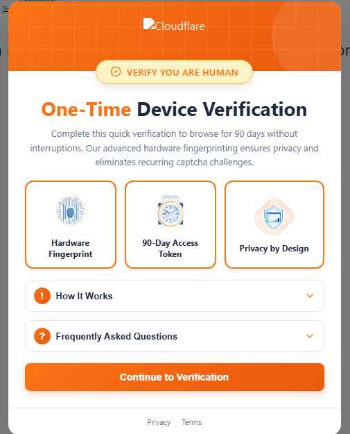 Animated fake Cloudflare “One-Time Device Verification” flow: a polished wizard offers a 90-day access token, then guides the victim through Win+R, Ctrl+V, and Enter with interactive keycap buttons while the Windows Run dialog fills with a WebDAV net use command.