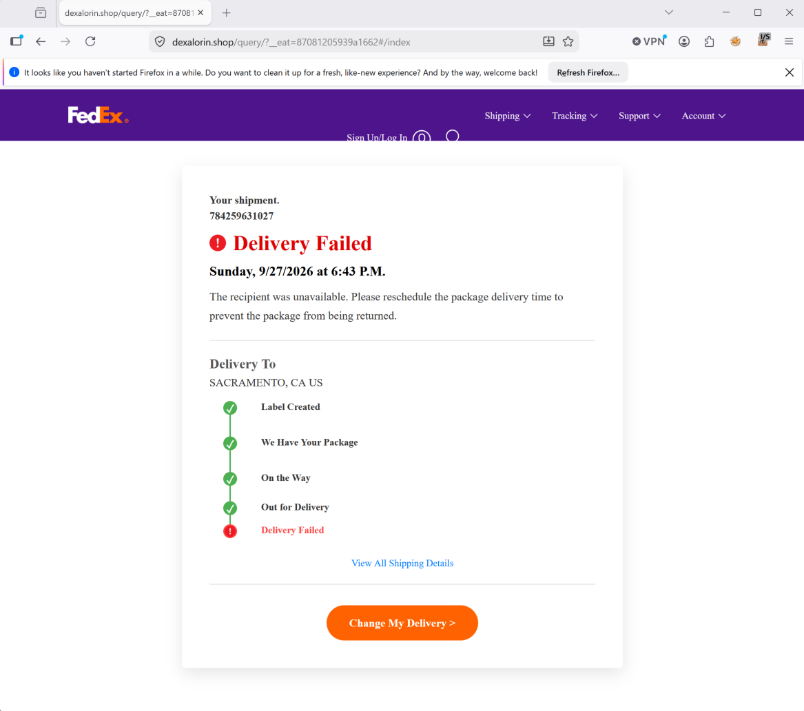 Cloned FedEx tracking page showing a fake failed delivery and a button to reschedule, hosted on an attacker-controlled domain.