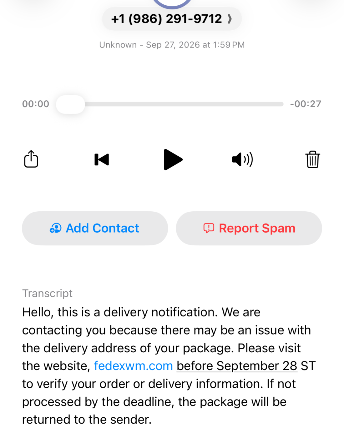Voicemail from the campaign, with the lookalike domain rendered as a tappable link in the transcript.