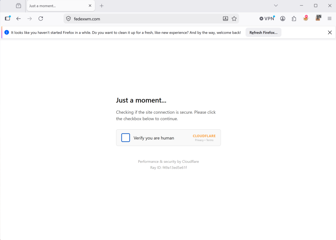 Fake Cloudflare-style verification page served on the lookalike FedEx domain.