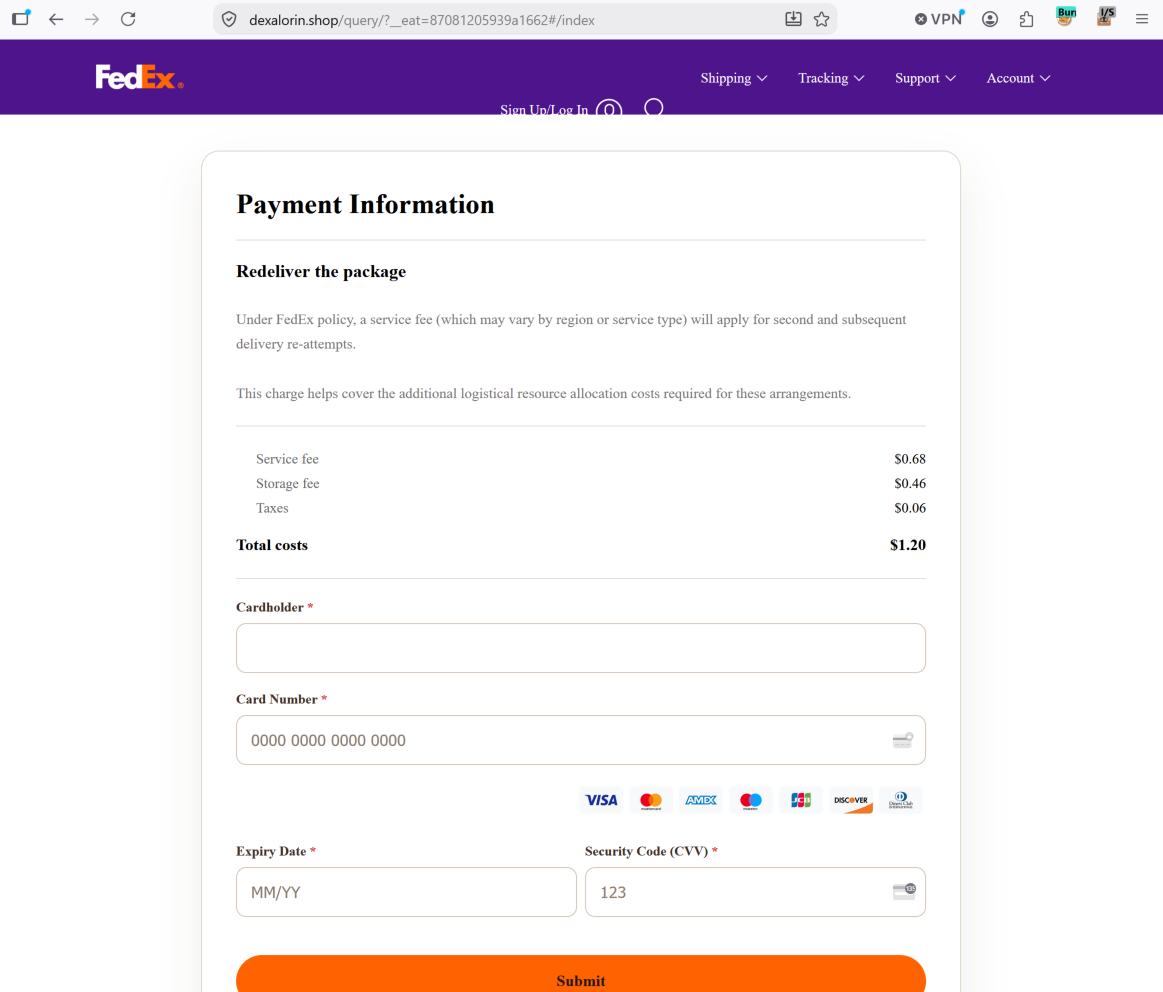 Fake FedEx payment page requesting card details for a $1.20 redelivery fee.