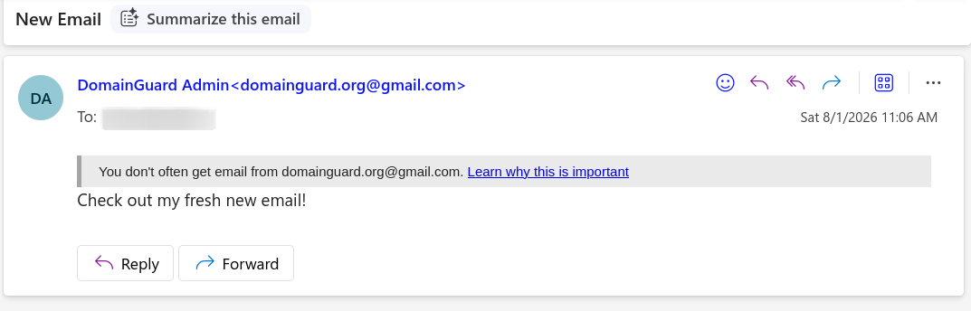 Opened, the same message resolves to the address domainguard.org@gmail.com. The only flag is a standard first-contact banner, not a spoofing or authentication warning, because the mail is genuinely sent from Gmail.