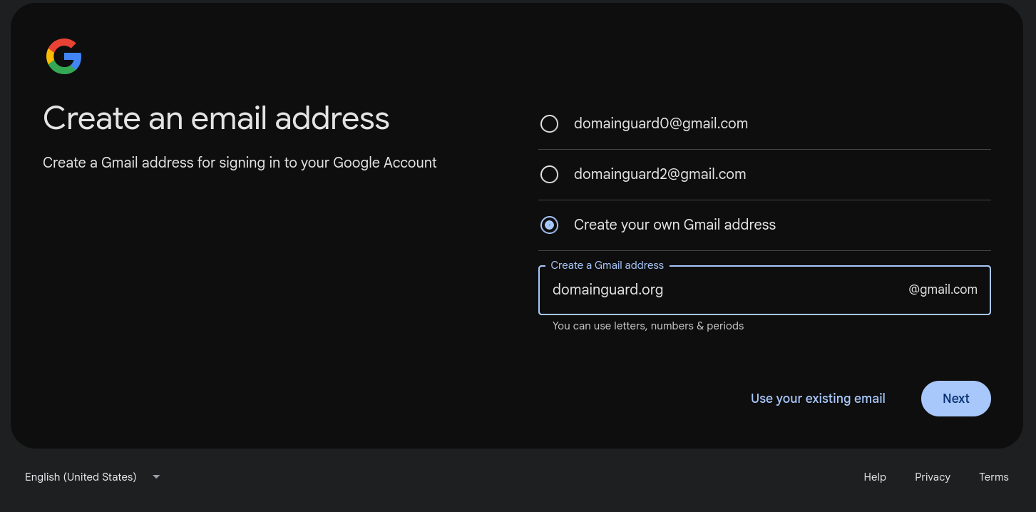 Google's Create an email address screen with the username domainguard.org typed into the field, above the note that a Gmail username can use letters, numbers, and periods.