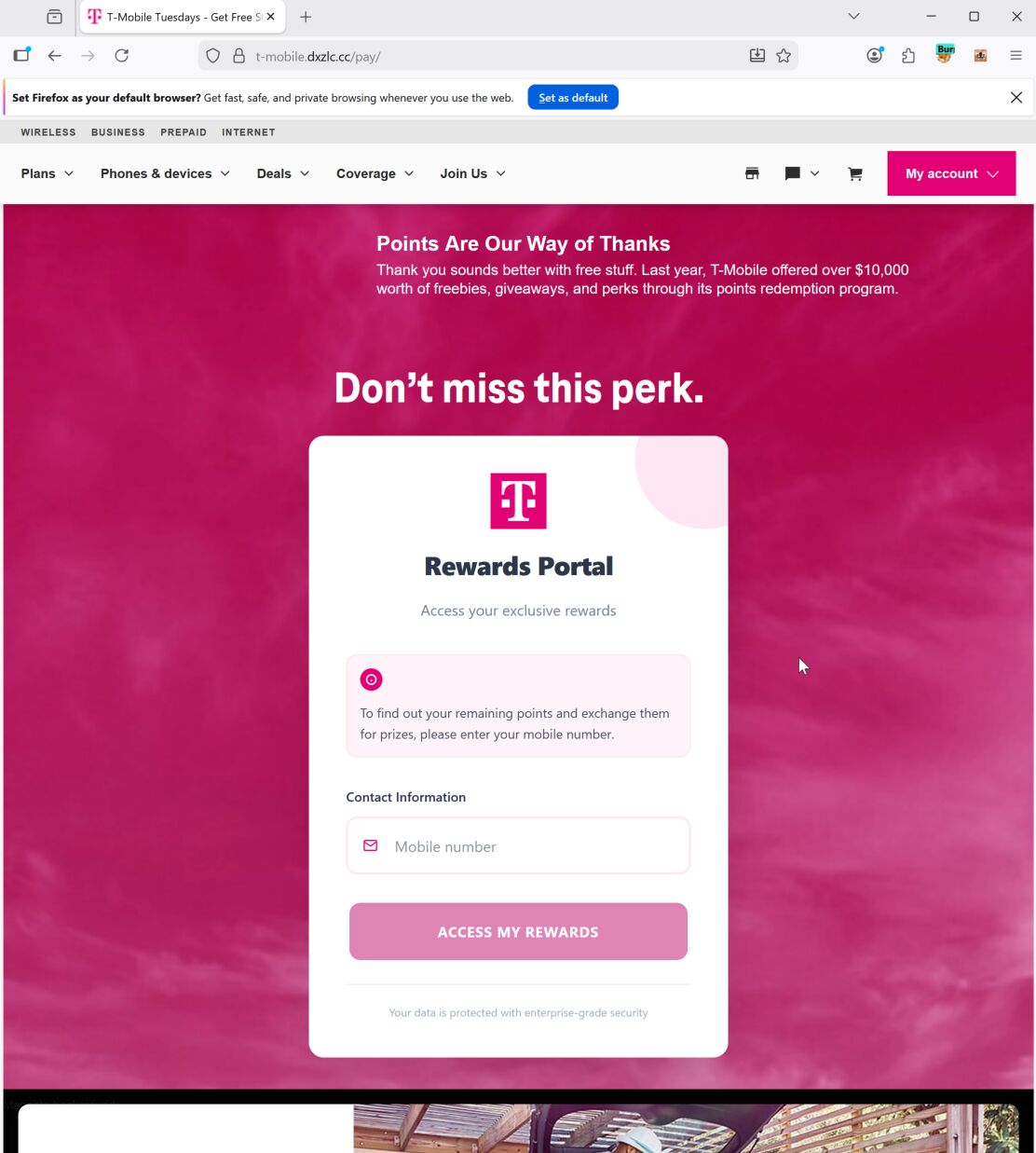T-Mobile themed smishing landing page on a mobile device showing a fake payment interface.