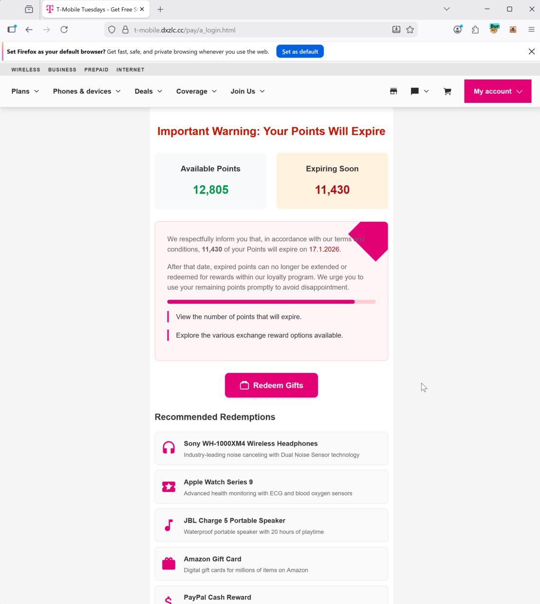 T-Mobile themed smishing landing page showing a fake payment interface.