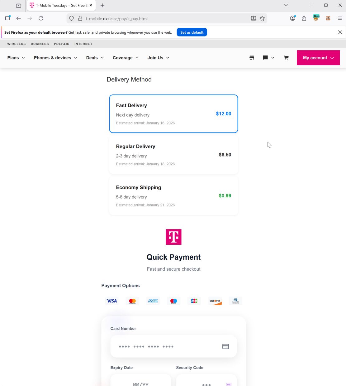 Real-time OTP prompt presented after the credit card data is captured.